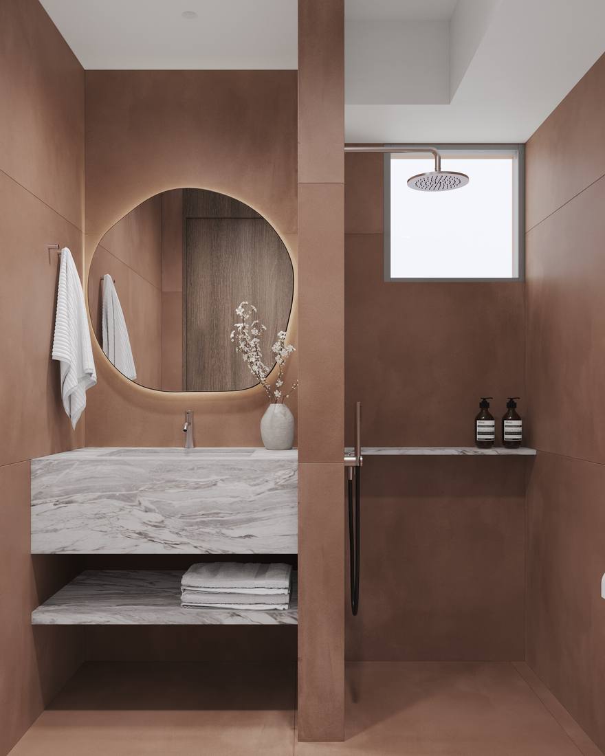Rendered bathroom in terracotta stone